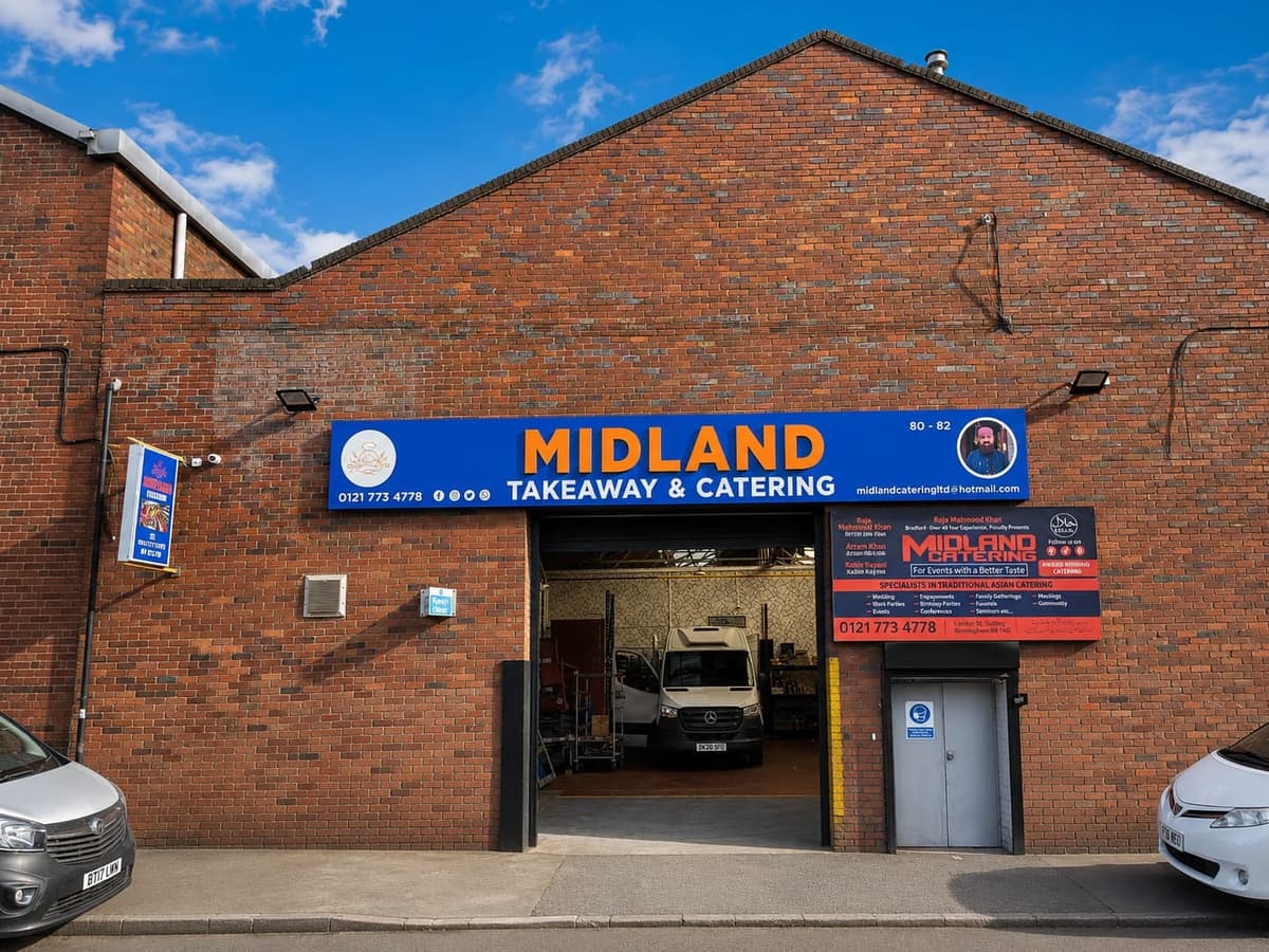 Midland Catering on Landor Street, Saltley — blue and gold signage above the loading bay
